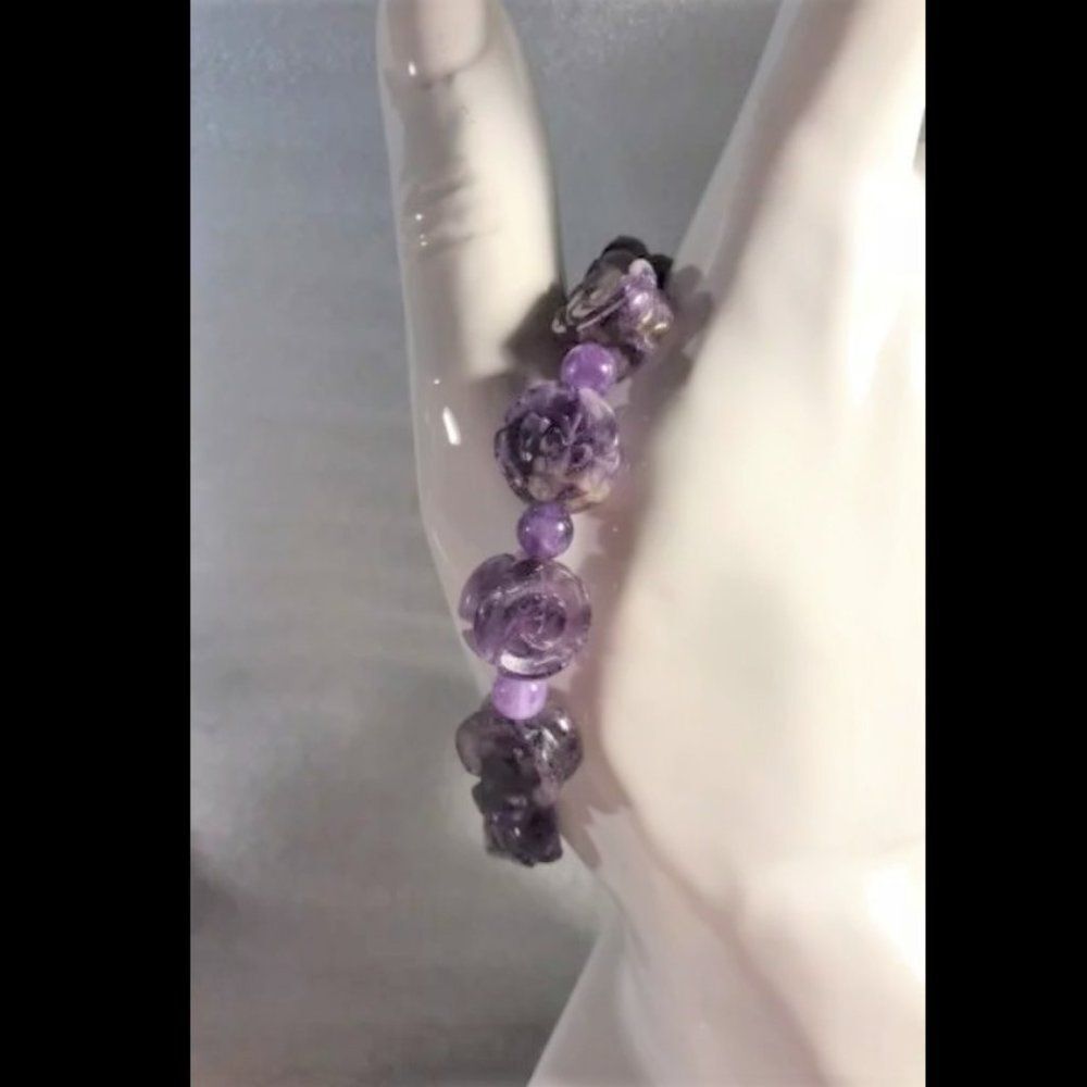 Amethyst Bracelet with Hand Carved Roses Beads - 13mm - Stretches